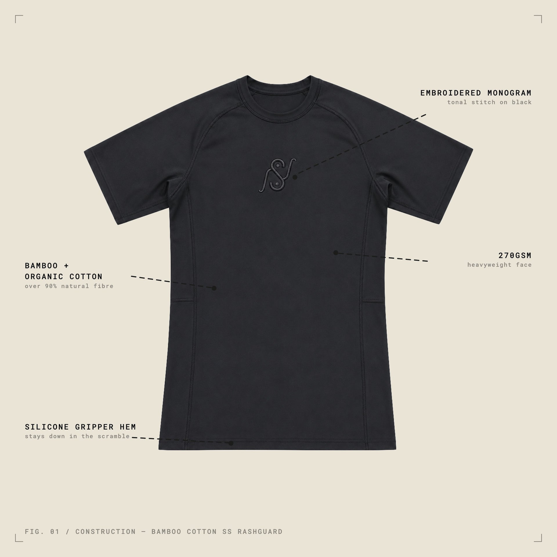 V1 bamboo and cotton BJJ rashguard in black, front view, labelled construction diagram